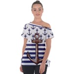 Anchor Background Design Off Shoulder Tie-Up T-Shirt
