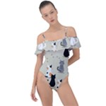 Cute Cat Seamless Pattern Frill Detail One Piece Swimsuit