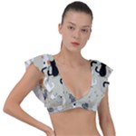 Cute Cat Seamless Pattern Plunge Frill Sleeve Bikini Top