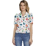 Vector Set Isolates With Cute Birds Scandinavian Style Puffed Short Sleeve Button Up Jacket