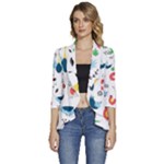 Vector Set Isolates With Cute Birds Scandinavian Style Women s 3/4 Sleeve Ruffle Edge Open Front Jacket