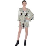 Cute Cat Seamless Pattern V-Neck Flare Sleeve Mini Dress