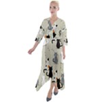 Cute Cat Seamless Pattern Quarter Sleeve Wrap Front Maxi Dress