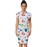 Vector Set Isolates With Cute Birds Scandinavian Style Vintage Frill Sleeve V-Neck Bodycon Dress