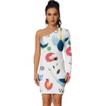 Vector Set Isolates With Cute Birds Scandinavian Style Long Sleeve One Shoulder Mini Dress