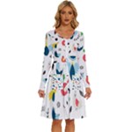 Vector Set Isolates With Cute Birds Scandinavian Style Long Sleeve Dress With Pocket