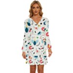 Vector Set Isolates With Cute Birds Scandinavian Style Long Sleeve Waist Tie Ruffle Velvet Dress