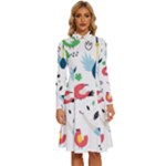Vector Set Isolates With Cute Birds Scandinavian Style Long Sleeve Shirt Collar A-Line Dress