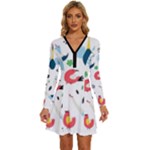 Vector Set Isolates With Cute Birds Scandinavian Style Long Sleeve Deep V Mini Dress 