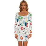 Vector Set Isolates With Cute Birds Scandinavian Style Long Sleeve Square Neck Bodycon Velvet Dress