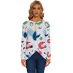 Vector Set Isolates With Cute Birds Scandinavian Style Long Sleeve Crew Neck Pullover Top