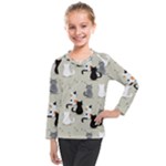 Cute Cat Seamless Pattern Kids  Long Mesh T-Shirt