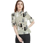 Cute Cat Seamless Pattern Frill Neck Blouse