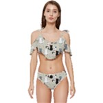 Cute Cat Seamless Pattern Ruffle Edge Tie Up Bikini Set	