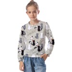 Cute Cat Seamless Pattern Kids  Long Sleeve T-Shirt with Frill 