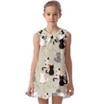 Cute Cat Seamless Pattern Kids  Pilgrim Collar Ruffle Hem Dress