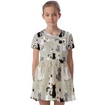 Cute Cat Seamless Pattern Kids  Short Sleeve Pinafore Style Dress