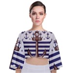 Anchor Background Design Tie Back Butterfly Sleeve Chiffon Top