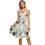 Cute Cat Seamless Pattern Sleeveless Tie Front Chiffon Dress