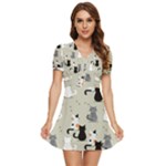 Cute Cat Seamless Pattern V-Neck High Waist Chiffon Mini Dress