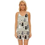 Cute Cat Seamless Pattern V-Neck Satin Pajamas Set