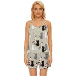 Cute Cat Seamless Pattern Satin Pajama Short Set