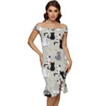 Cute Cat Seamless Pattern Off Shoulder Ruffle Split Hem Bodycon Dress