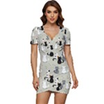 Cute Cat Seamless Pattern Low Cut Cap Sleeve Mini Dress