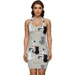 Cute Cat Seamless Pattern Sleeveless Wide Square Neckline Ruched Bodycon Dress