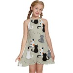 Cute Cat Seamless Pattern Kids  Halter Collar Waist Tie Chiffon Dress