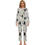 Cute Cat Seamless Pattern Womens  Long Sleeve Lightweight Pajamas Set
