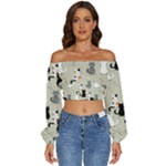 Cute Cat Seamless Pattern Long Sleeve Crinkled Weave Crop Top