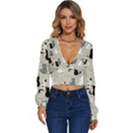 Cute Cat Seamless Pattern Long Sleeve Deep-V Velour Top