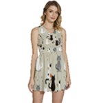 Cute Cat Seamless Pattern Sleeveless High Waist Mini Dress
