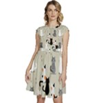 Cute Cat Seamless Pattern Cap Sleeve High Waist Dress