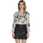 Cute Cat Seamless Pattern Long Sleeve Tie Back Satin Wrap Top