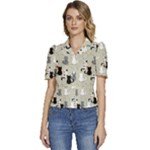 Cute Cat Seamless Pattern Puffed Short Sleeve Button Up Jacket