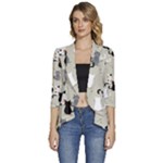 Cute Cat Seamless Pattern Women s 3/4 Sleeve Ruffle Edge Open Front Jacket