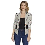 Cute Cat Seamless Pattern Women s Draped Front 3/4 Sleeve Shawl Collar Jacket