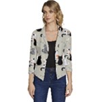Cute Cat Seamless Pattern Women s Casual 3/4 Sleeve Spring Jacket