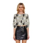 Cute Cat Seamless Pattern Mid Sleeve Drawstring Hem Top