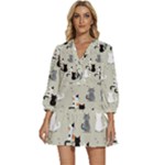 Cute Cat Seamless Pattern V-Neck Placket Mini Dress