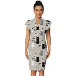 Cute Cat Seamless Pattern Vintage Frill Sleeve V-Neck Bodycon Dress