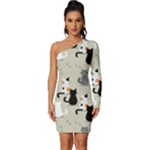 Cute Cat Seamless Pattern Long Sleeve One Shoulder Mini Dress