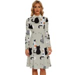 Cute Cat Seamless Pattern Long Sleeve Shirt Collar A-Line Dress