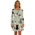 Cute Cat Seamless Pattern Long Sleeve Wide Neck Velvet Dress