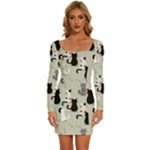 Cute Cat Seamless Pattern Long Sleeve Square Neck Bodycon Velvet Dress