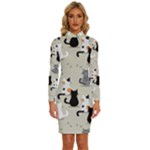 Cute Cat Seamless Pattern Long Sleeve Shirt Collar Bodycon Dress