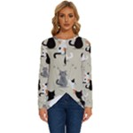 Cute Cat Seamless Pattern Long Sleeve Crew Neck Pullover Top