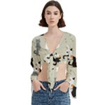 Cute Cat Seamless Pattern Trumpet Sleeve Cropped Top